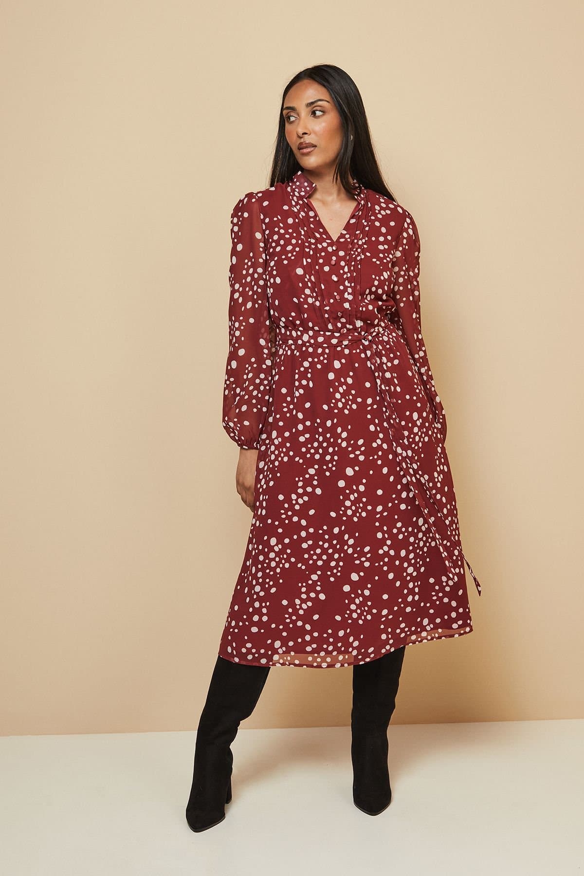 Wallis Wallis Women's Petite Spot Pintuck Belted Midi Dress in Rust