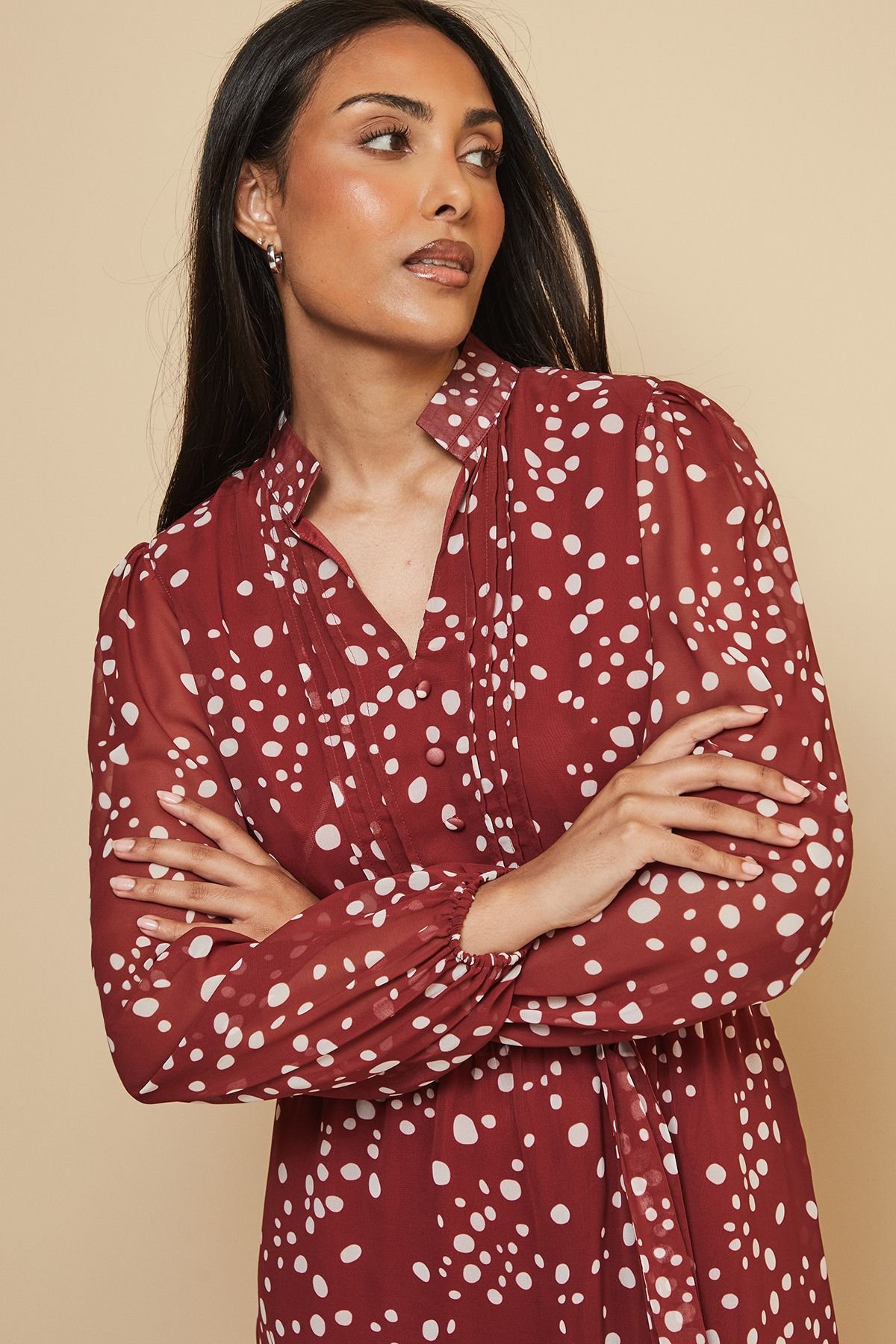 Wallis Wallis Women's Petite Spot Pintuck Belted Midi Dress in Rust - 3