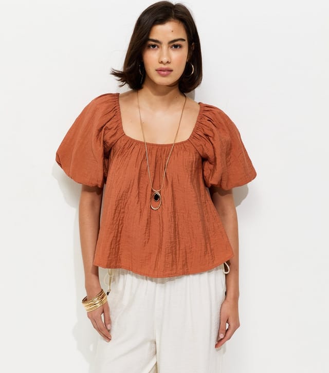 New Look Women's Rust Square Neck Puff Sleeve Blouse New Look - 2