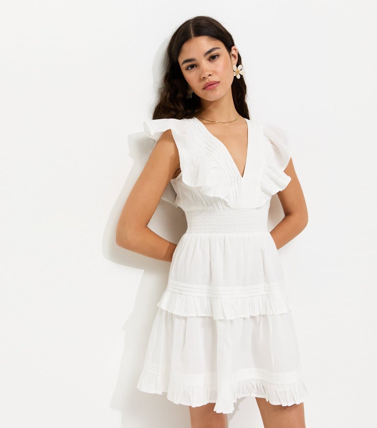 New Look Women's White Cotton Ruffle V-Neck Tiered Mini Dress New Look