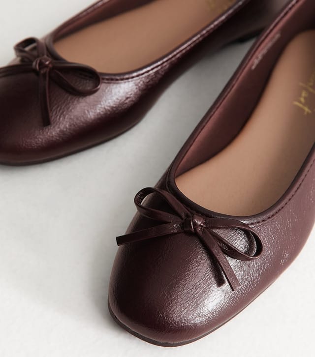 New Look Women's Dark Burgundy Faux Leather Square Toe Ballerina Flats Vegan New Look - 3