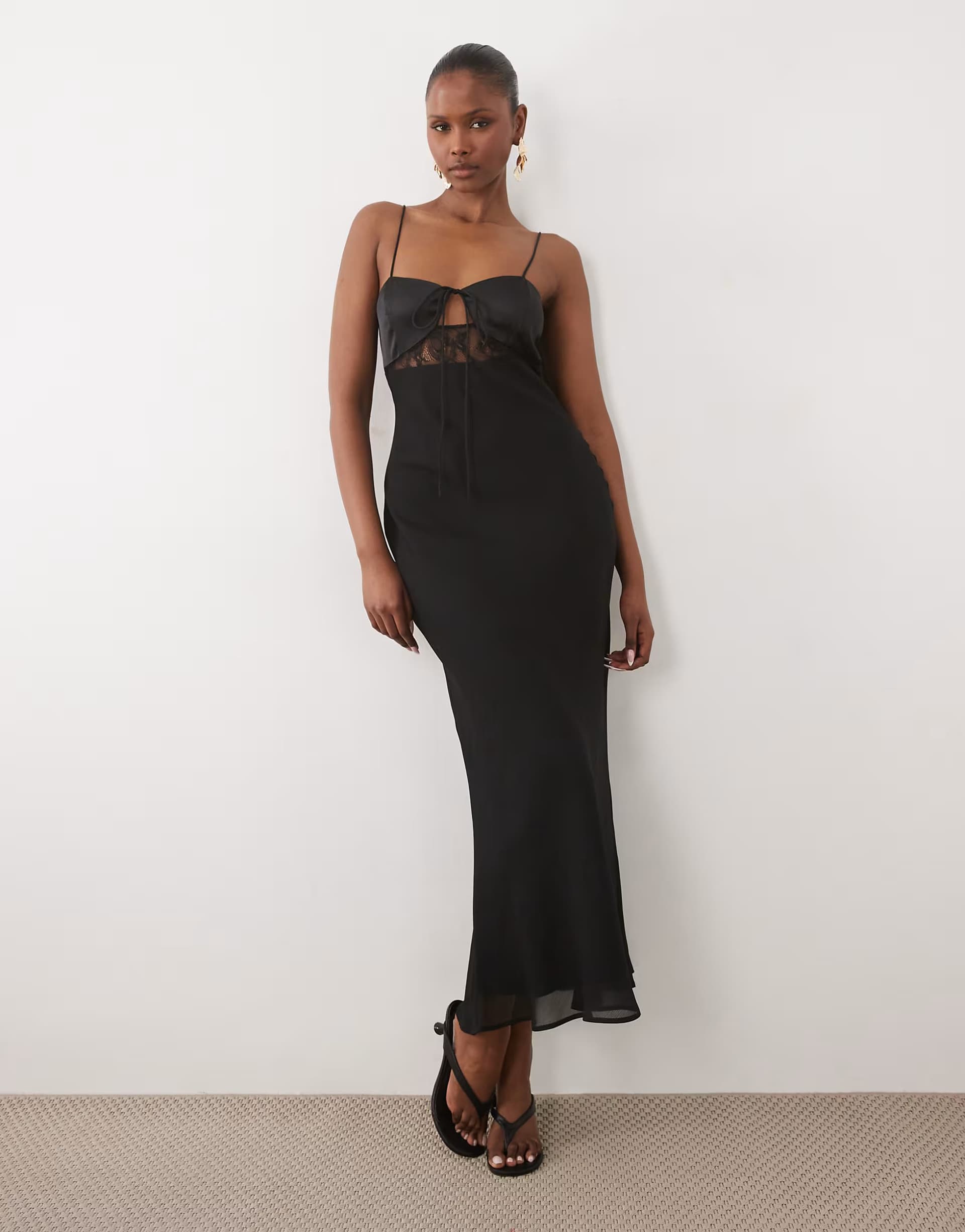 ASOS ASOS DESIGN bias cut sheer chiffon cami maxi dress with satin bust and lace panel in black