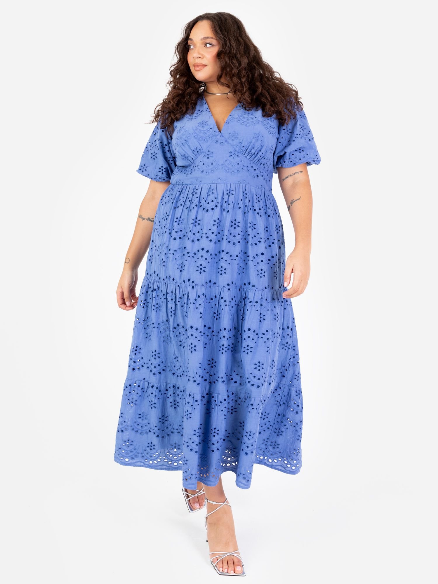 Lovedrobe Lovedrobe Women's Broderie Puff Sleeve Tiered Midi Dress in Blue - 2