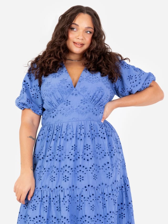 Lovedrobe Lovedrobe Women's Broderie Puff Sleeve Tiered Midi Dress in Blue - 2
