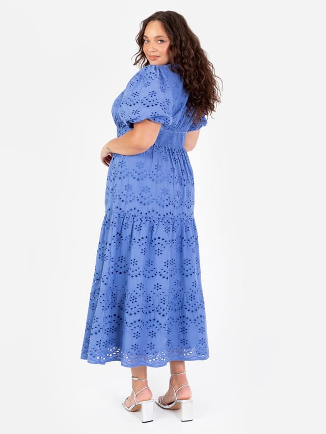 Lovedrobe Lovedrobe Women's Broderie Puff Sleeve Tiered Midi Dress in Blue - 3