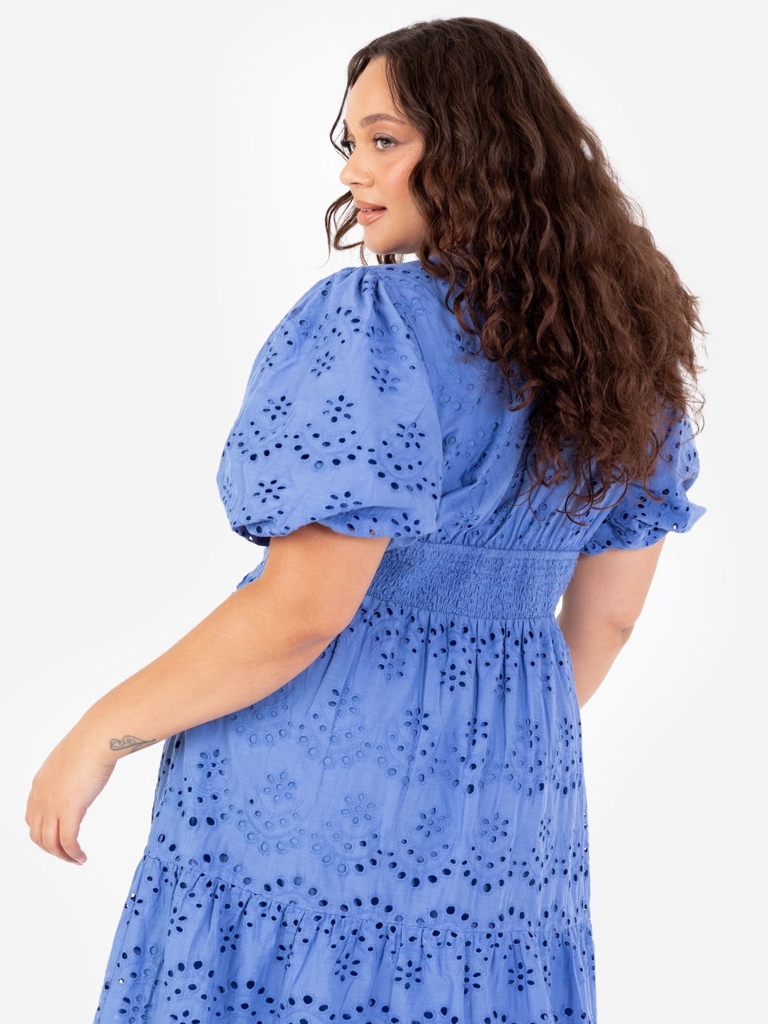 Lovedrobe Lovedrobe Women's Broderie Puff Sleeve Tiered Midi Dress in Blue - 4