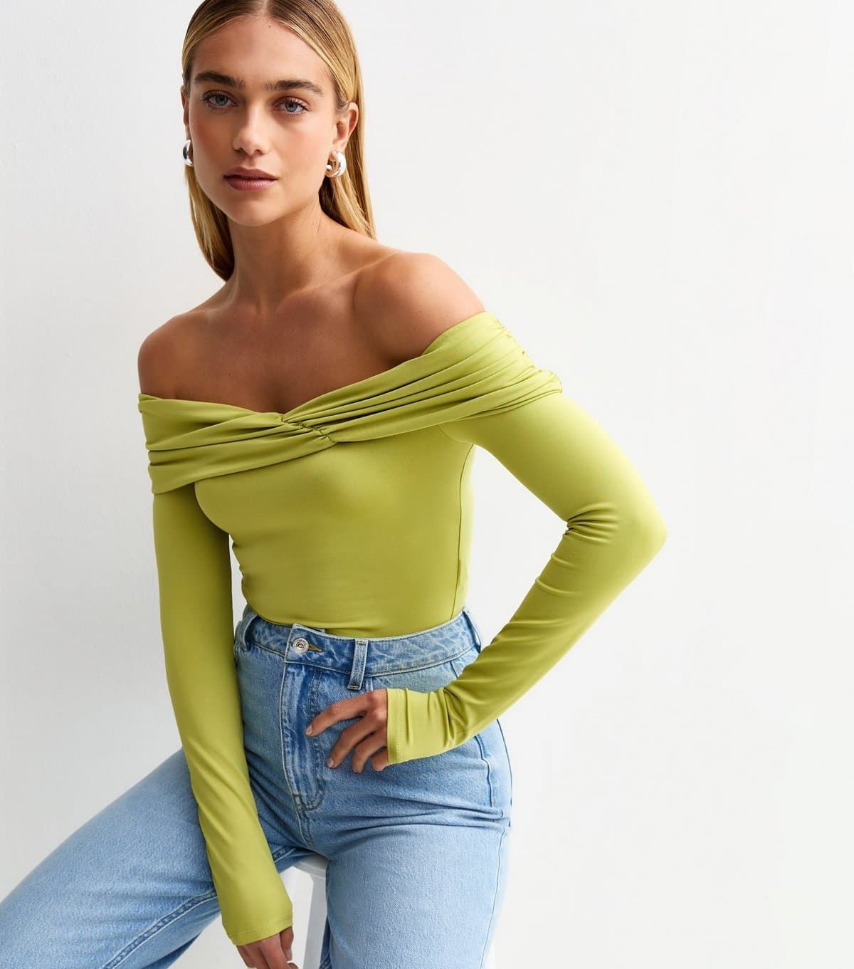 New Look Women's Light Green Ruched Bardot Bodysuit New Look