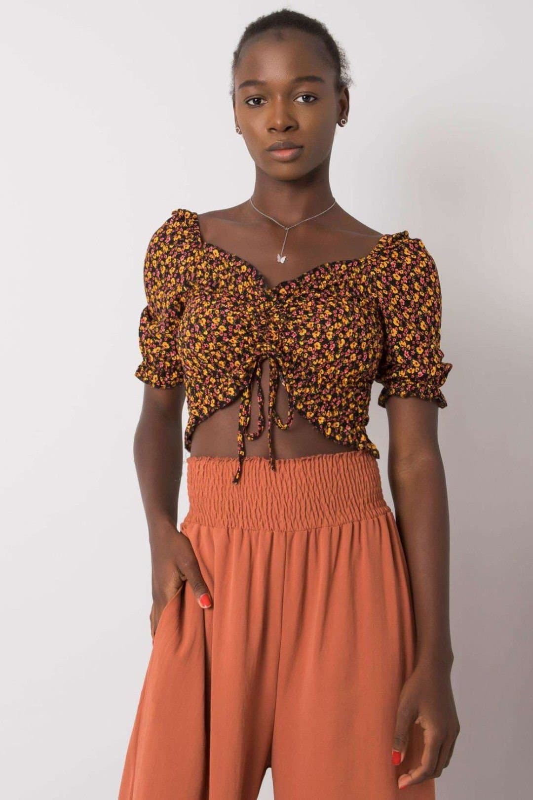 Love Lace Love Lace Women's Short Fitted V Neck Blouse With Creases Style 168883 in Black