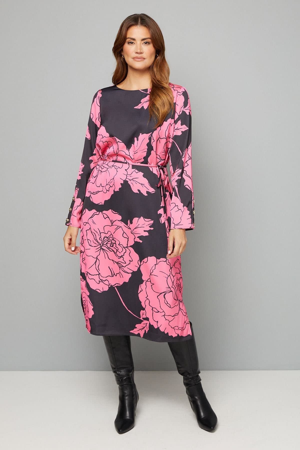 Wallis Wallis Women's Floral Print Belted Column Dress in Pink