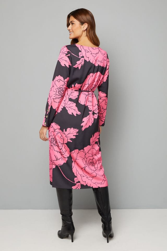 Wallis Wallis Women's Floral Print Belted Column Dress in Pink - 3