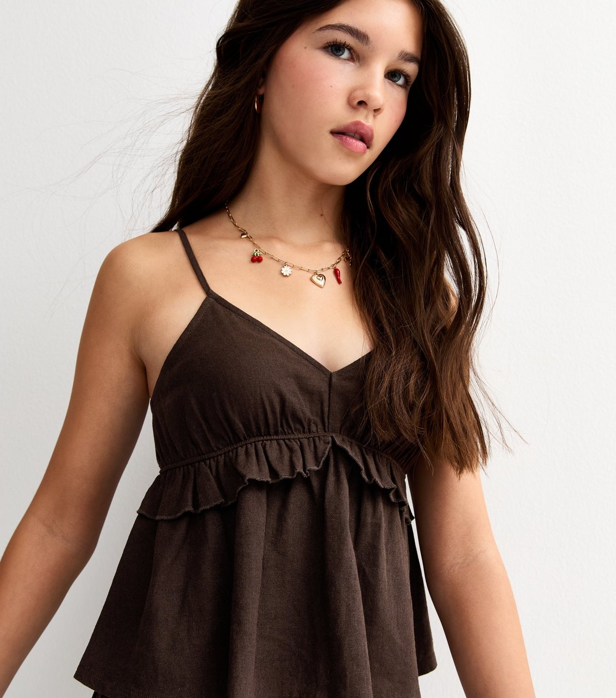 New Look Girls' Dark Brown Linen Blend Ruffled Babydoll Cami Top New Look - 2