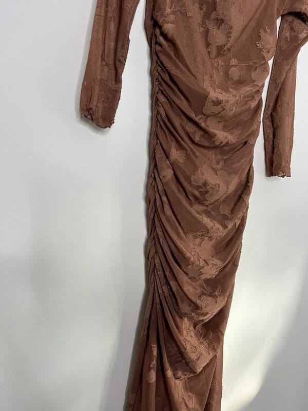 ASOS ASOS Brown Devore Long Sleeve Ruched Maxi Dress Size S - 1