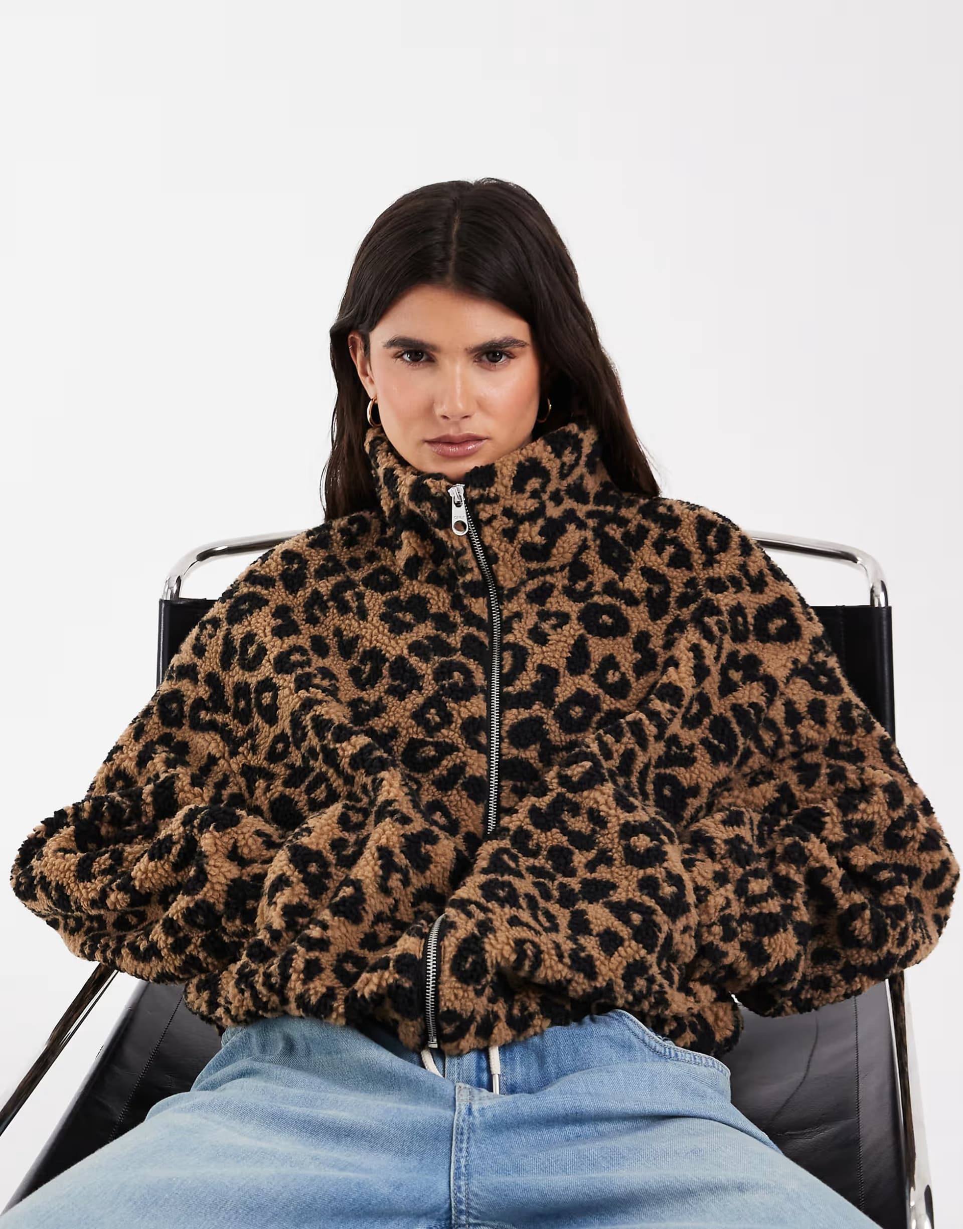 ASOS ONLY borg fleece jacket in brown leopard print