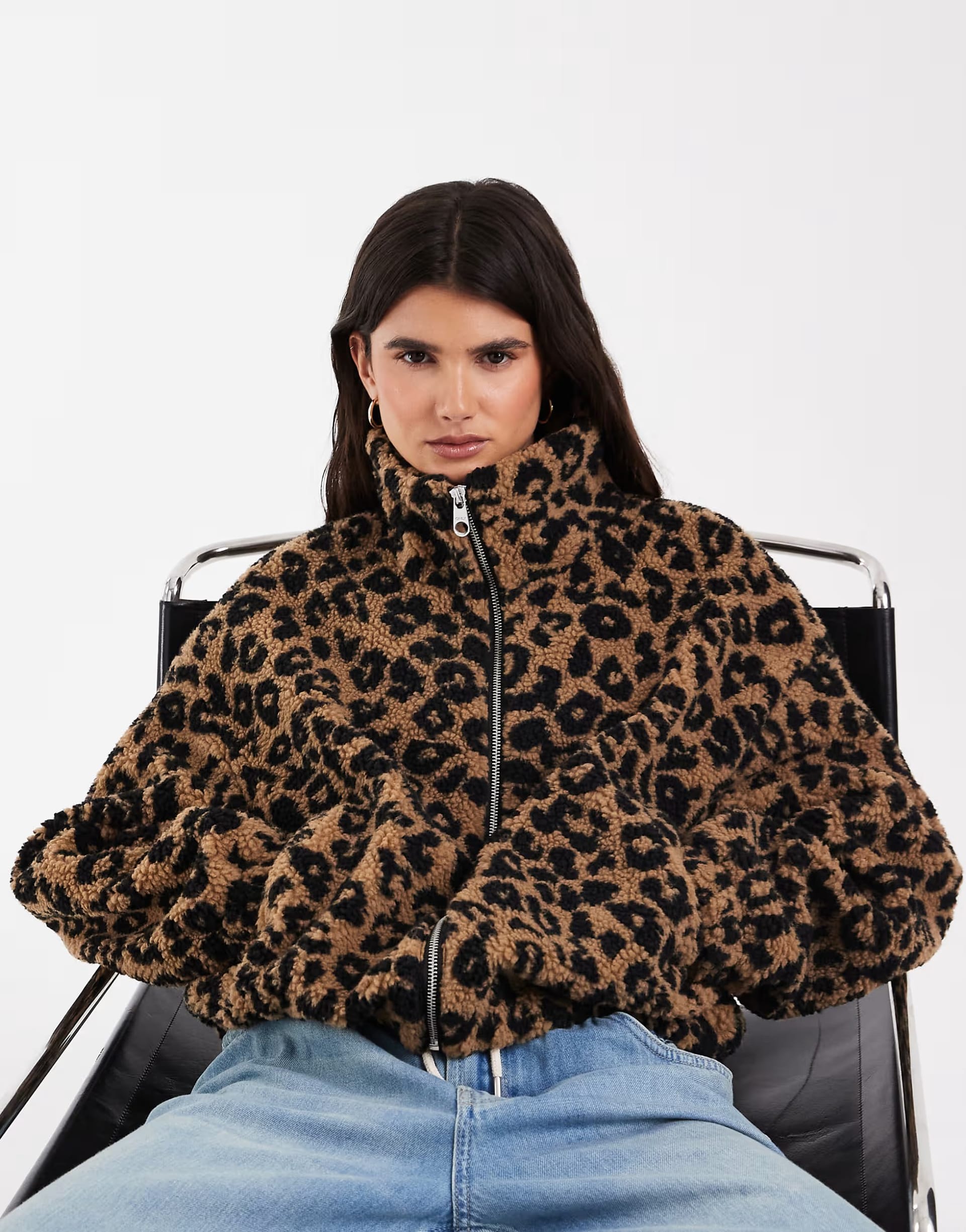 ASOS Borg Fleece Jacket In Brown Leopard Print