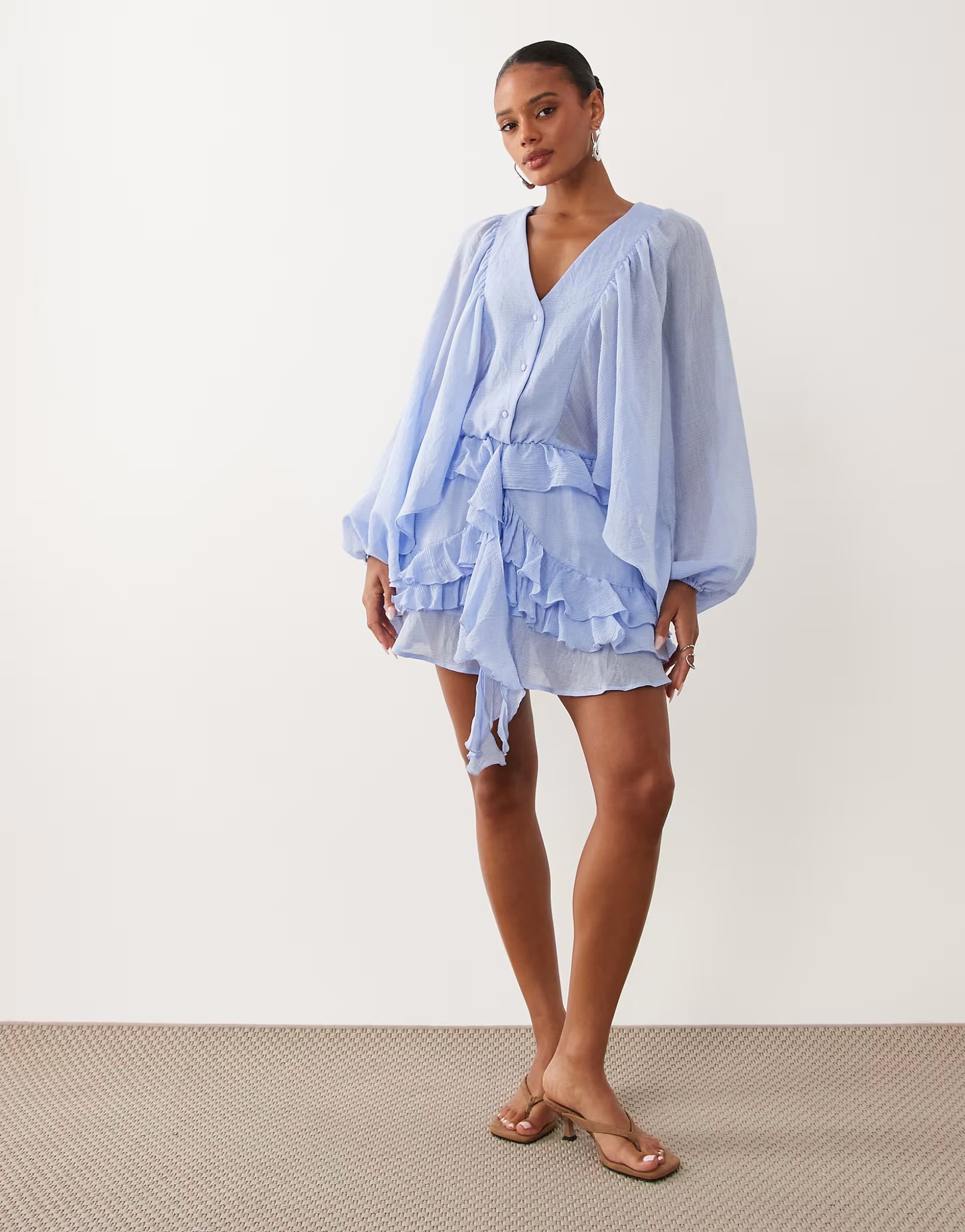 ASOS Gina Tricot boho mini ruffle dress in light blue