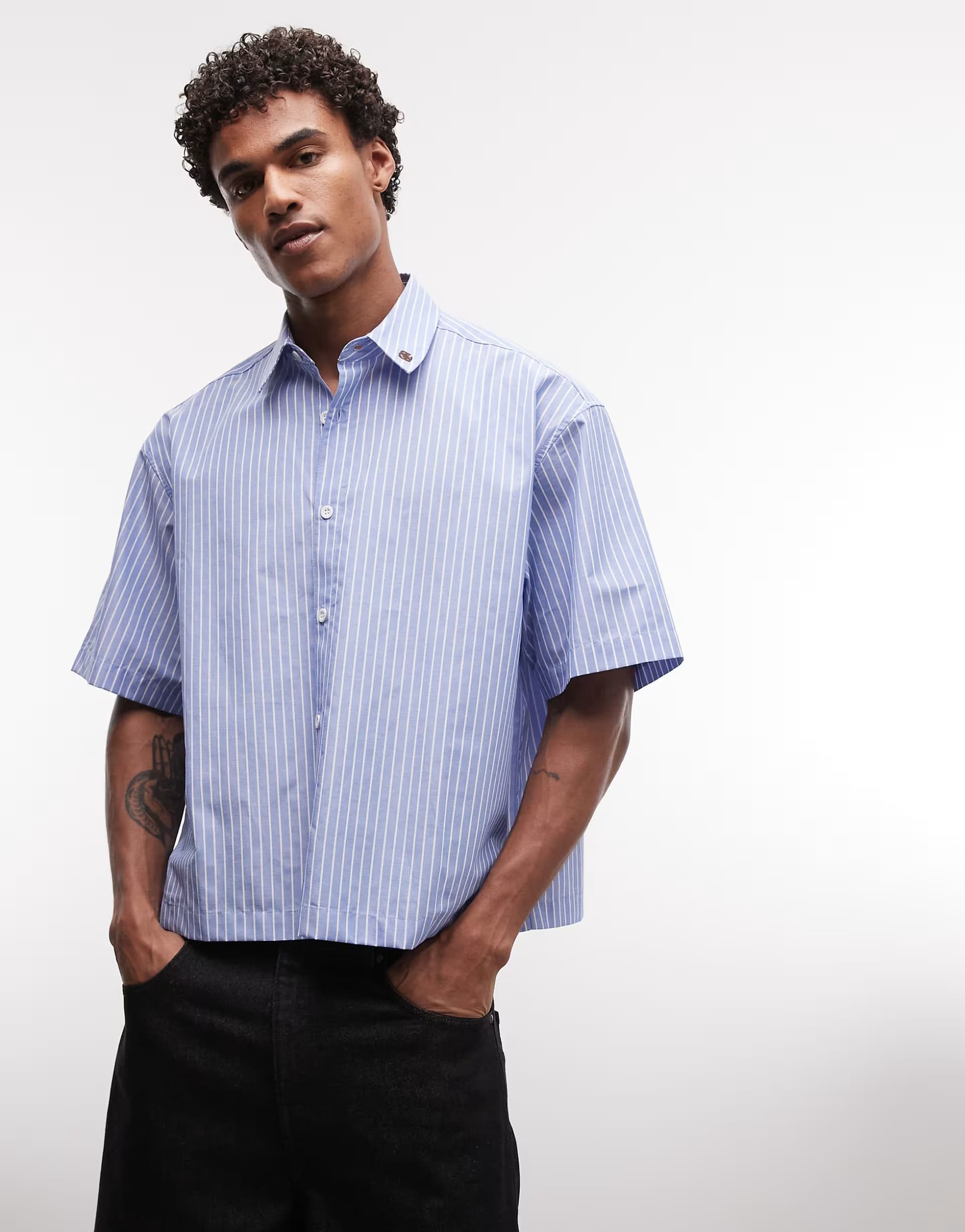 ASOS ASOS DESIGN boxy oversized stripe shirt with placement embroideries in blue