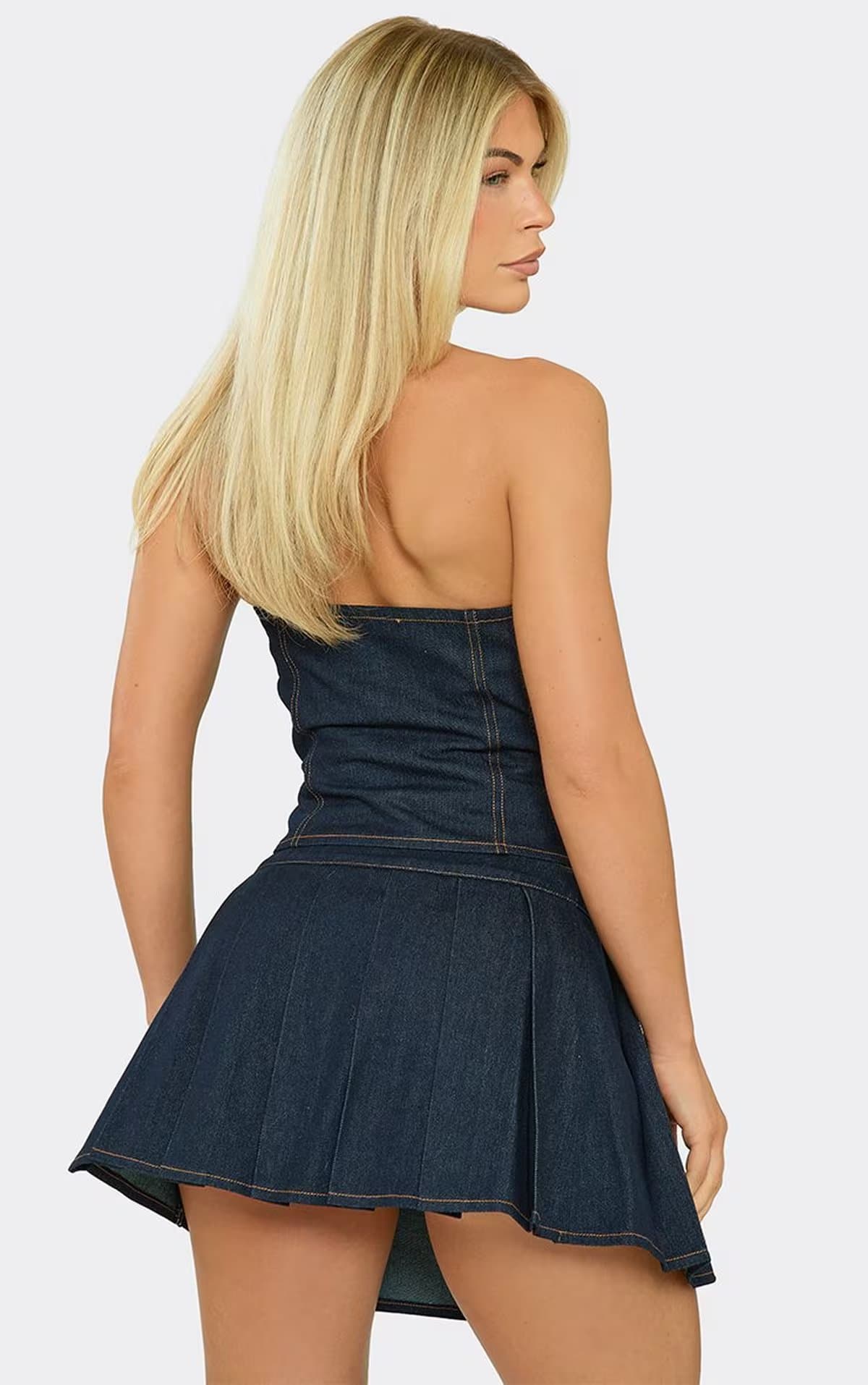 EGO Low Rise Contrast Seam Detail Pleated Mini Skirt In Indigo Blue Denim, Women's Size UK 6