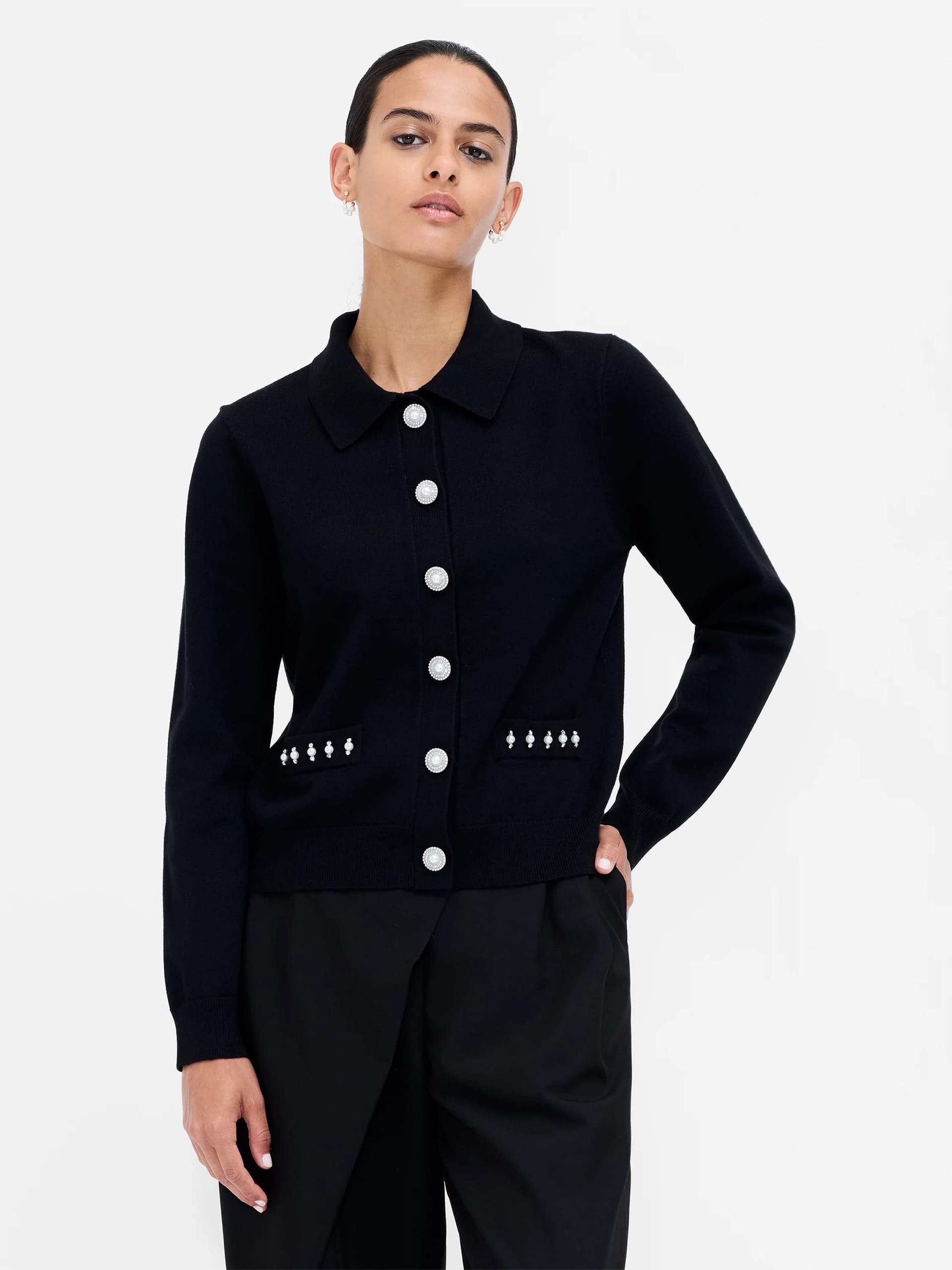 French Connection Ellaria Black Pearl and Diamante Knit Cardigan Black