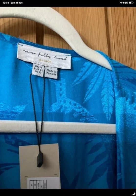 Never Fully Dressed New * NFD * Blue Leaf Print Satin Wrap Dress * UK 14