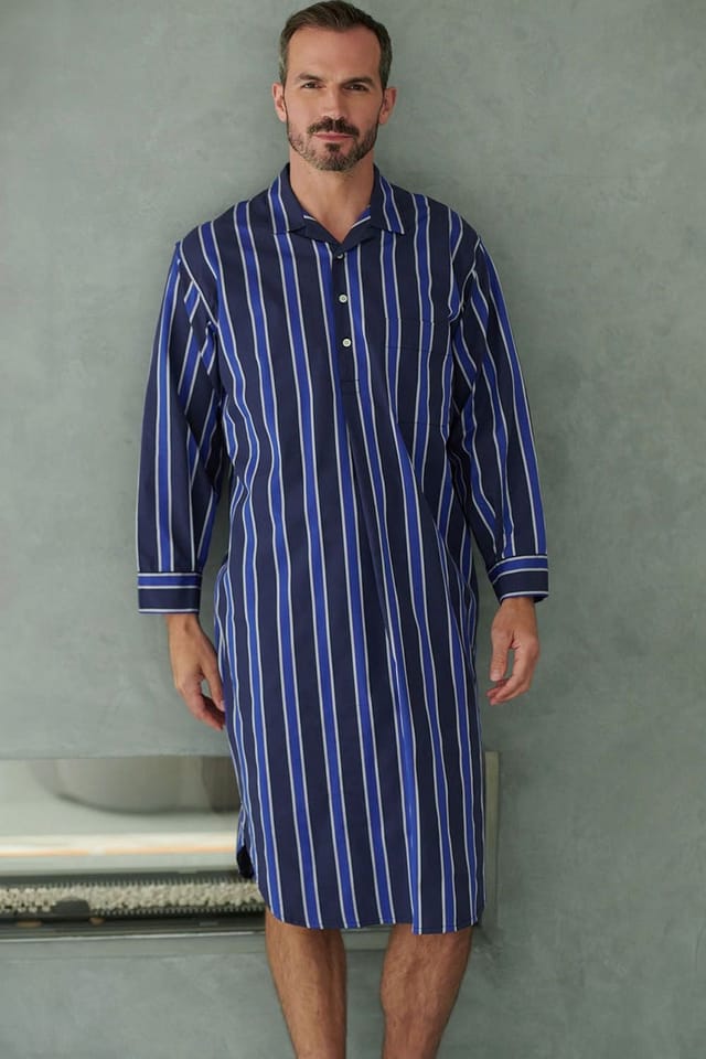 British Boxers British Boxers Men's "Royal Regimental" Satin Stripe Cotton Nightshirt in Dark Blue - 2