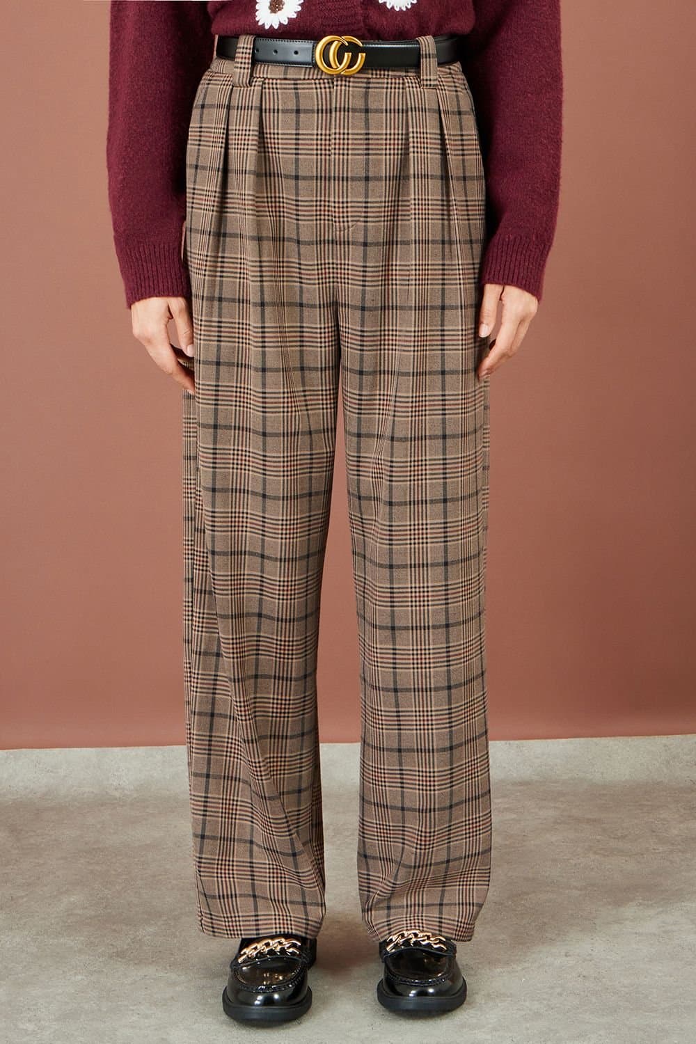 Yumi Yumi Women's Check Wide Leg Trousers in Brown