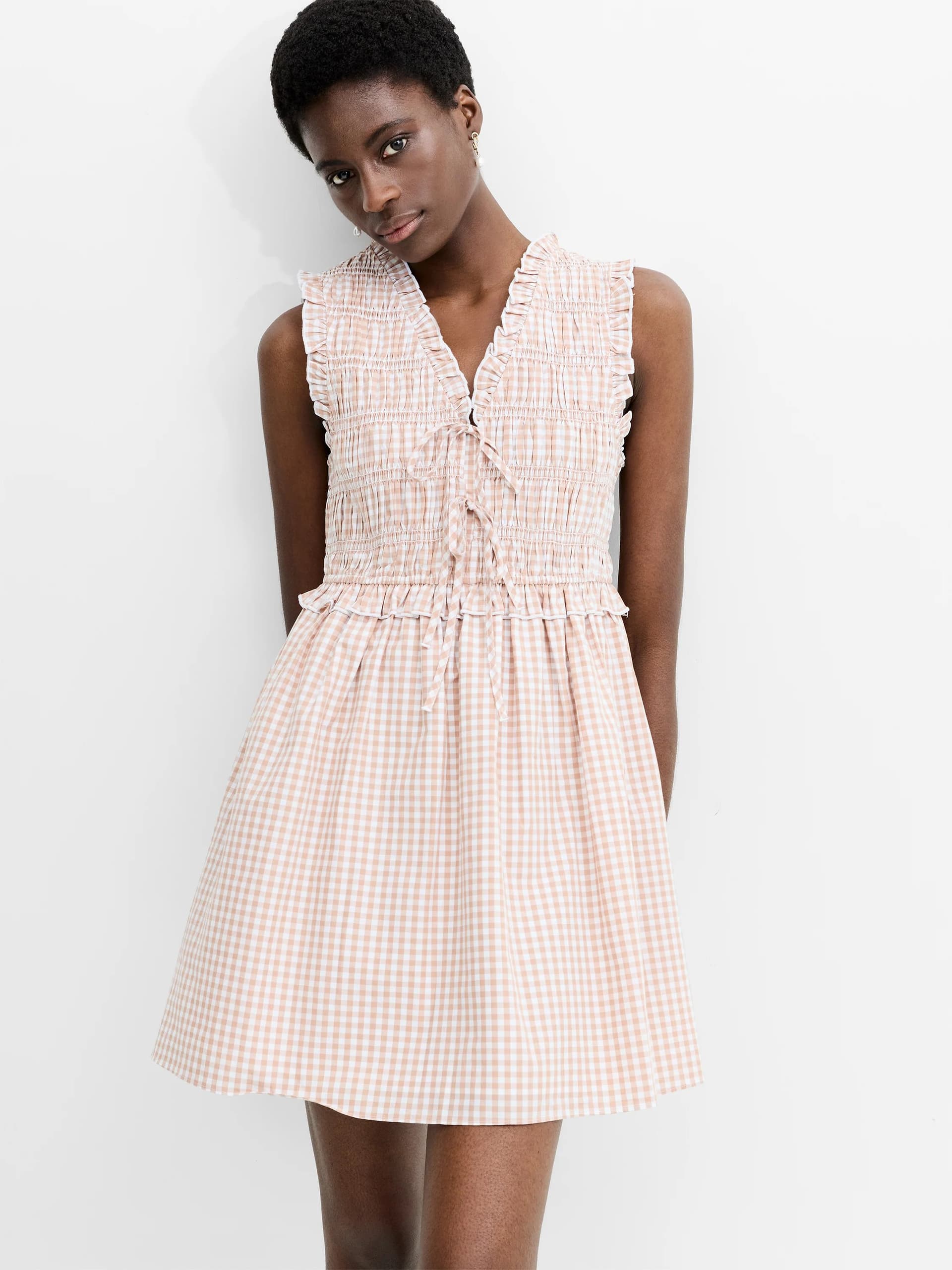 French Connection Rhodes Poplin Gingham Smocked Dress Petite Gingham In Almond Nude