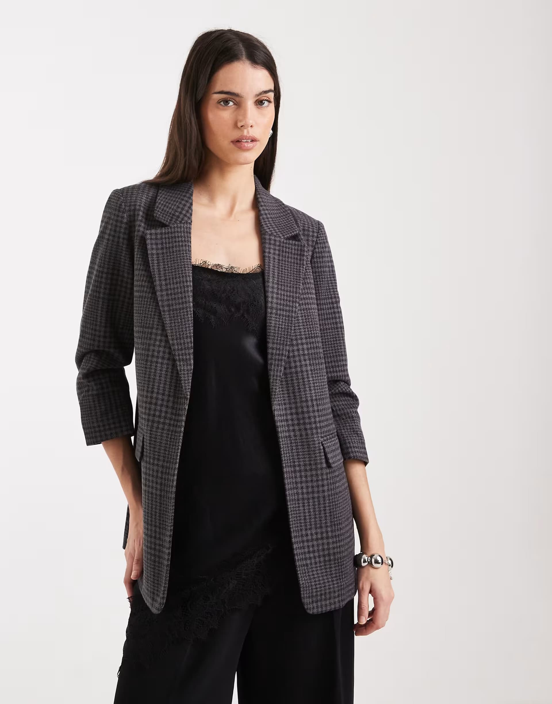 ASOS Vero Moda oversized texture ruched sleeve blazer in dark grey melange