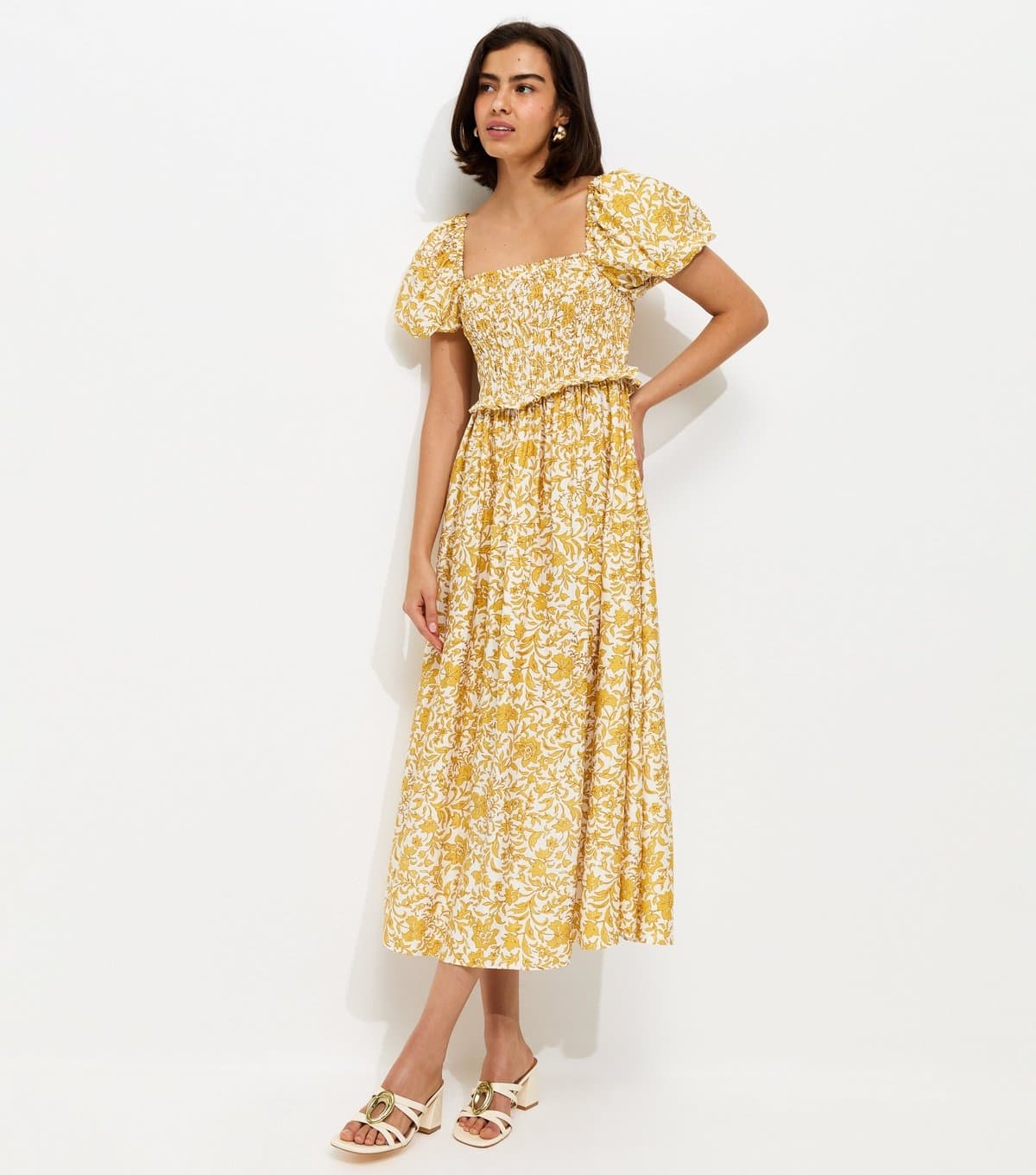 New Look Women's Yellow Floral Shirred Midi Dress New Look