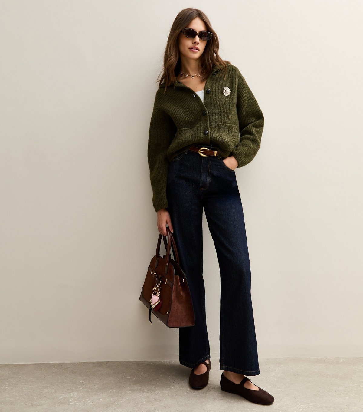 New Look Women's Khaki Ribbed Knit Collared Button Through Cardigan New Look - 2