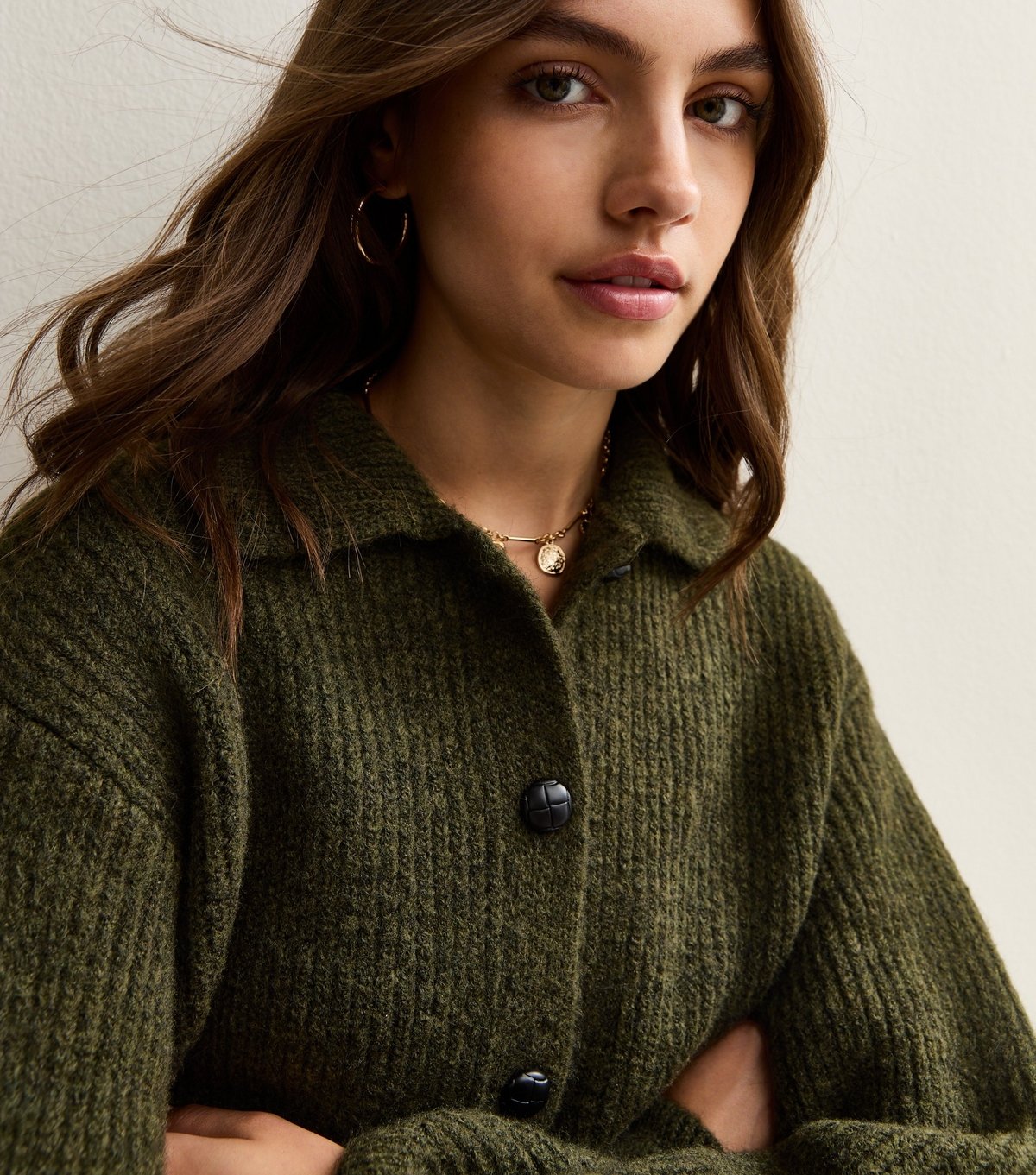 New Look Women's Khaki Ribbed Knit Collared Button Through Cardigan New Look - 3