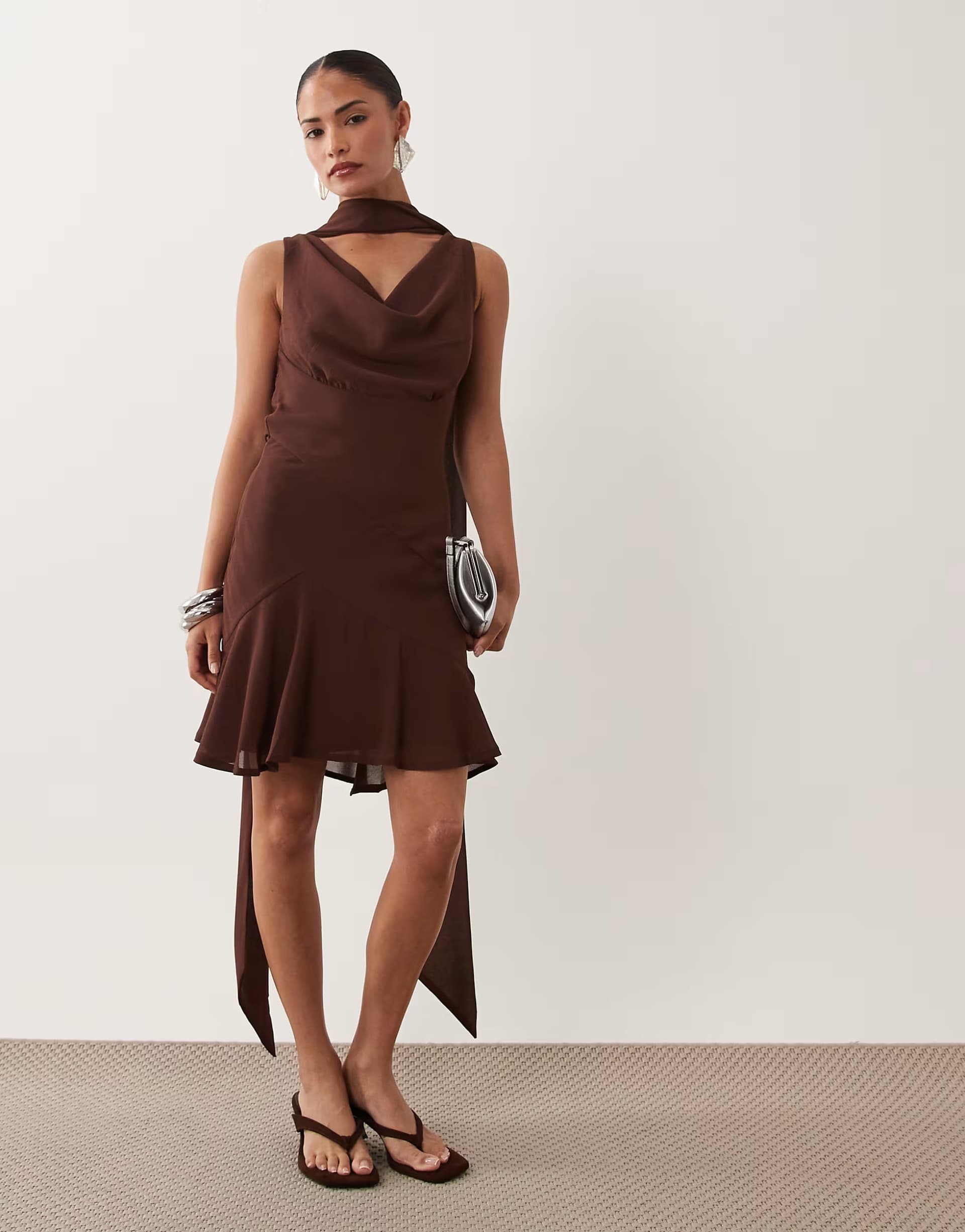 ASOS Never Fully Dressed Petite Sophie chiffon cowl neck scarf detail mini dress in chocolate