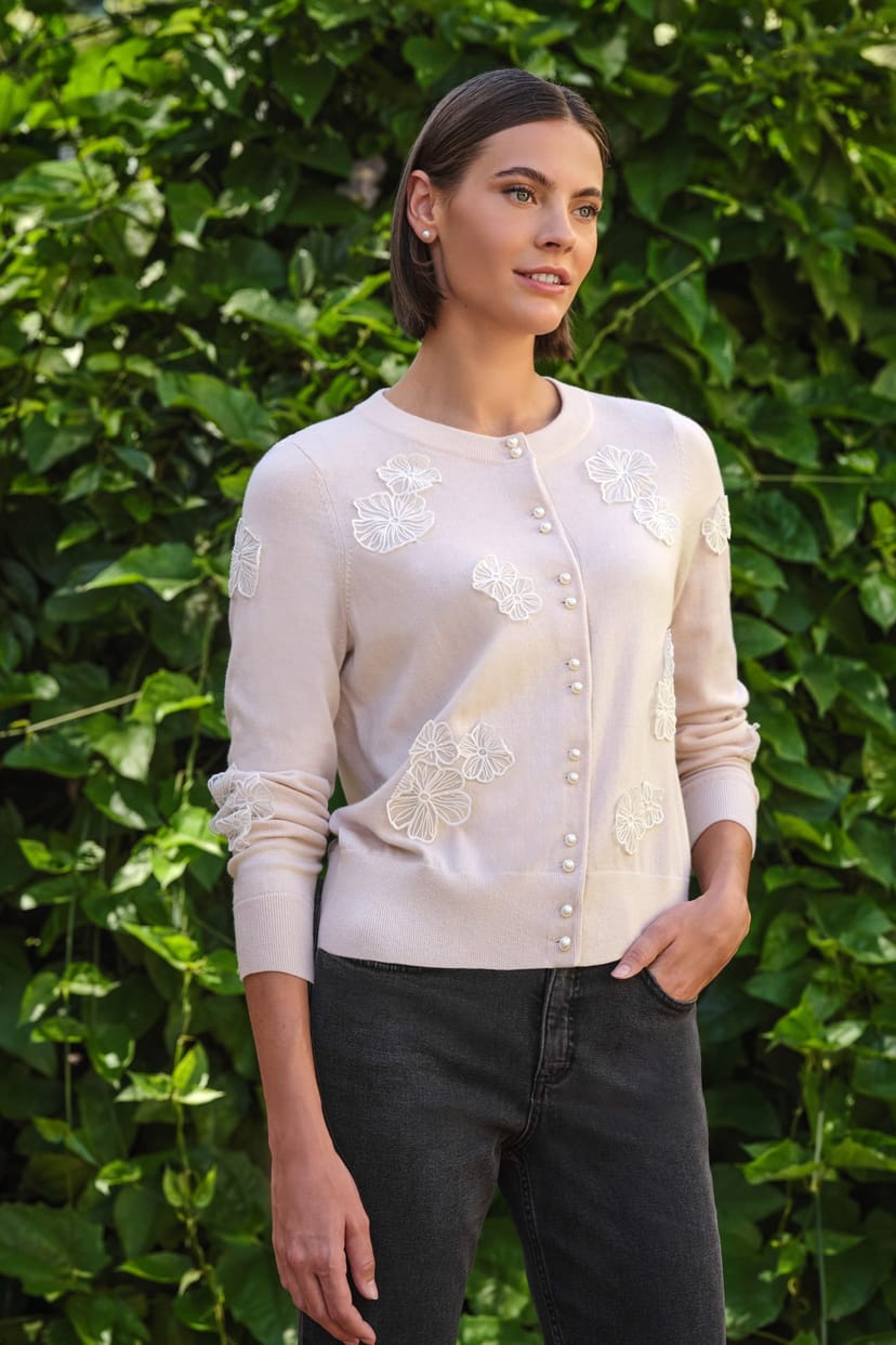Pure Collection Pure Collection Women's Cotton Blend Applique Cardigan in Cream - 1