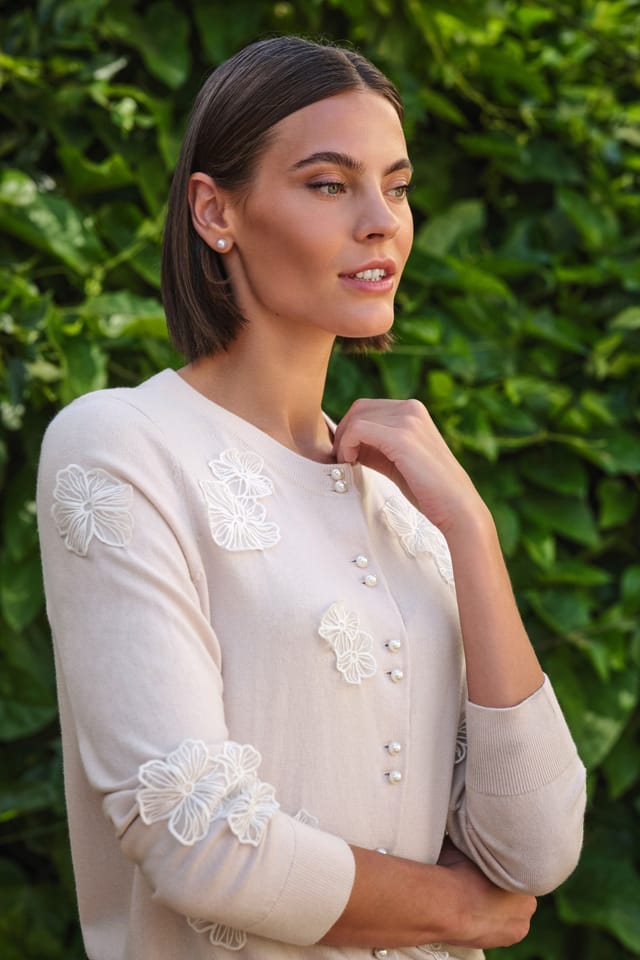 Pure Collection Pure Collection Women's Cotton Blend Applique Cardigan in Cream - 2