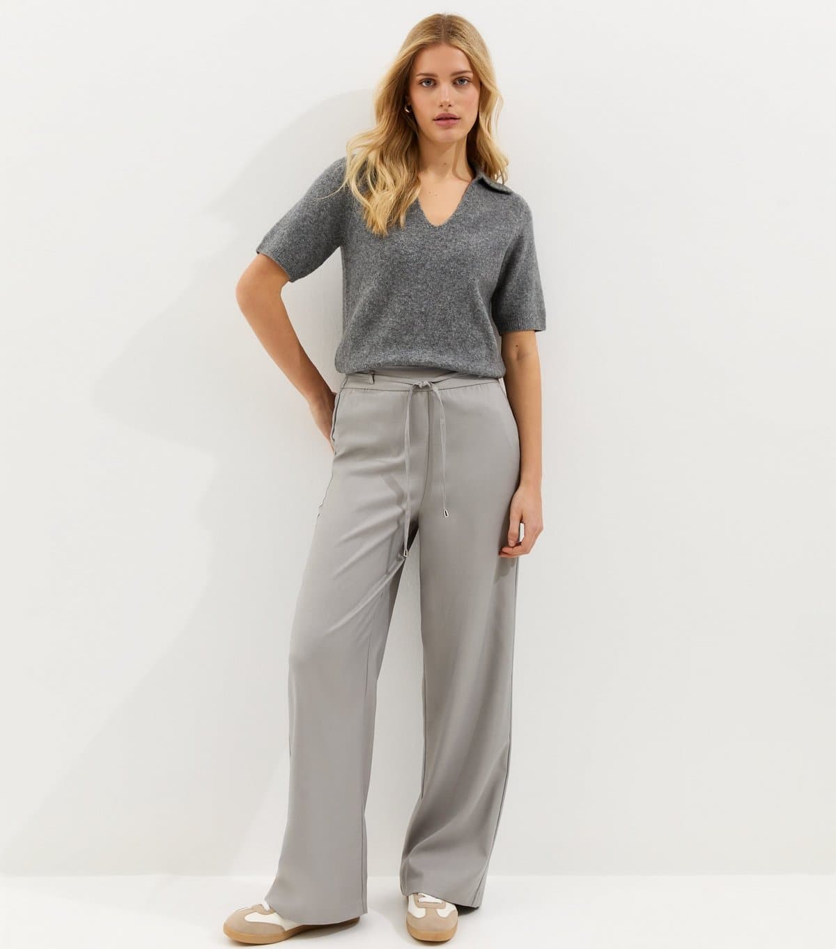 New Look Women's Light Grey Tie Waist Wide Leg Trousers New Look