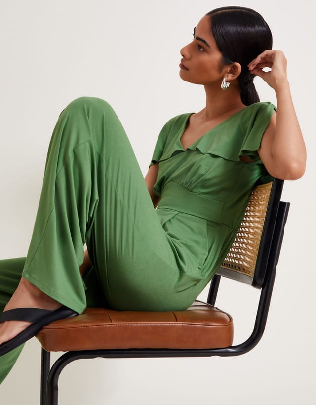Monsoon Monsoon Women's Ronda Ruffle Jersey Jumpsuit in Green - 2
