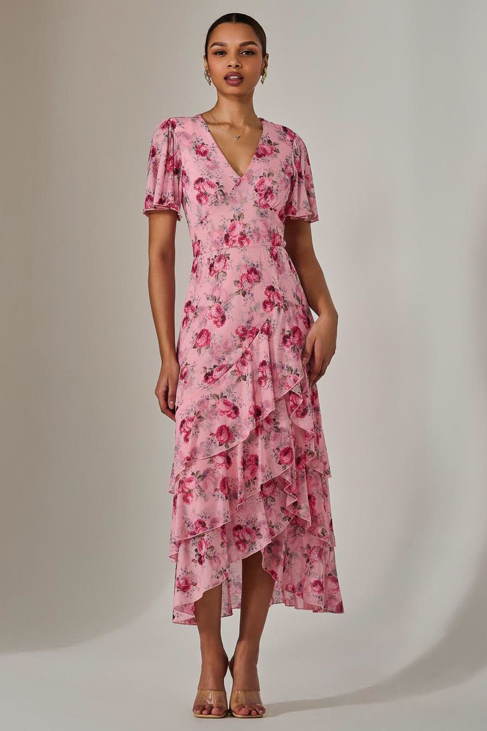 Jolie Moi Jolie Moi Women's Mesh Print Frill Hem Midaxi Dress in Baby Pink - 2