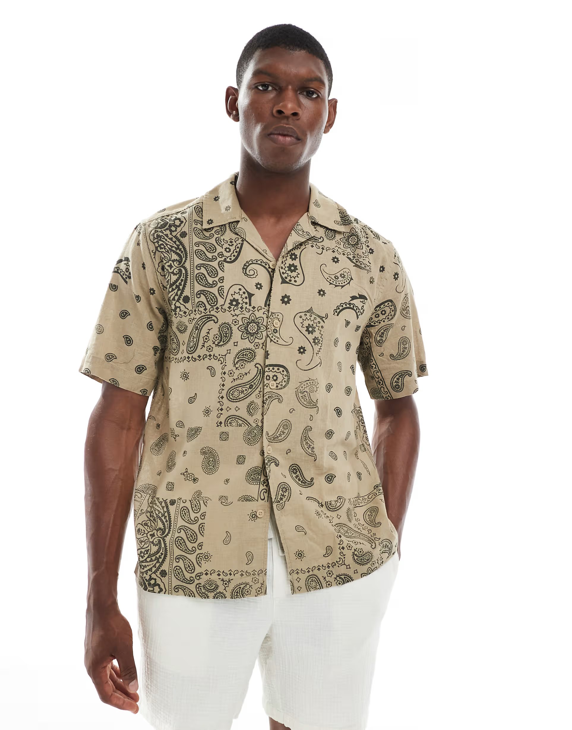 ASOS ONLY & SONS revere collar shirt in beige paisley print - 1