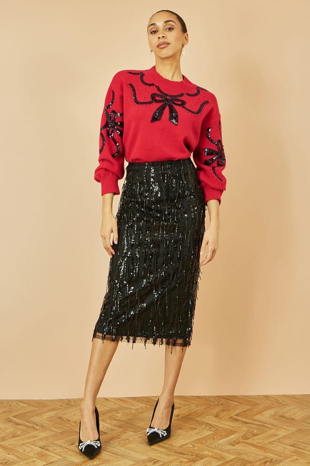 Yumi Yumi Women's Red Sequinned Bow Neckline Jumper - 2