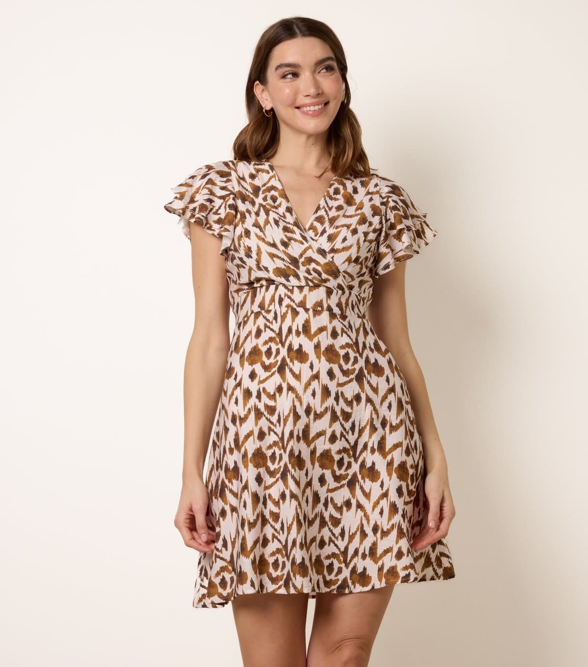 Blue Vanilla Women's Light Brown Printed Wrap Mini Dress Blue Vanilla New Look
