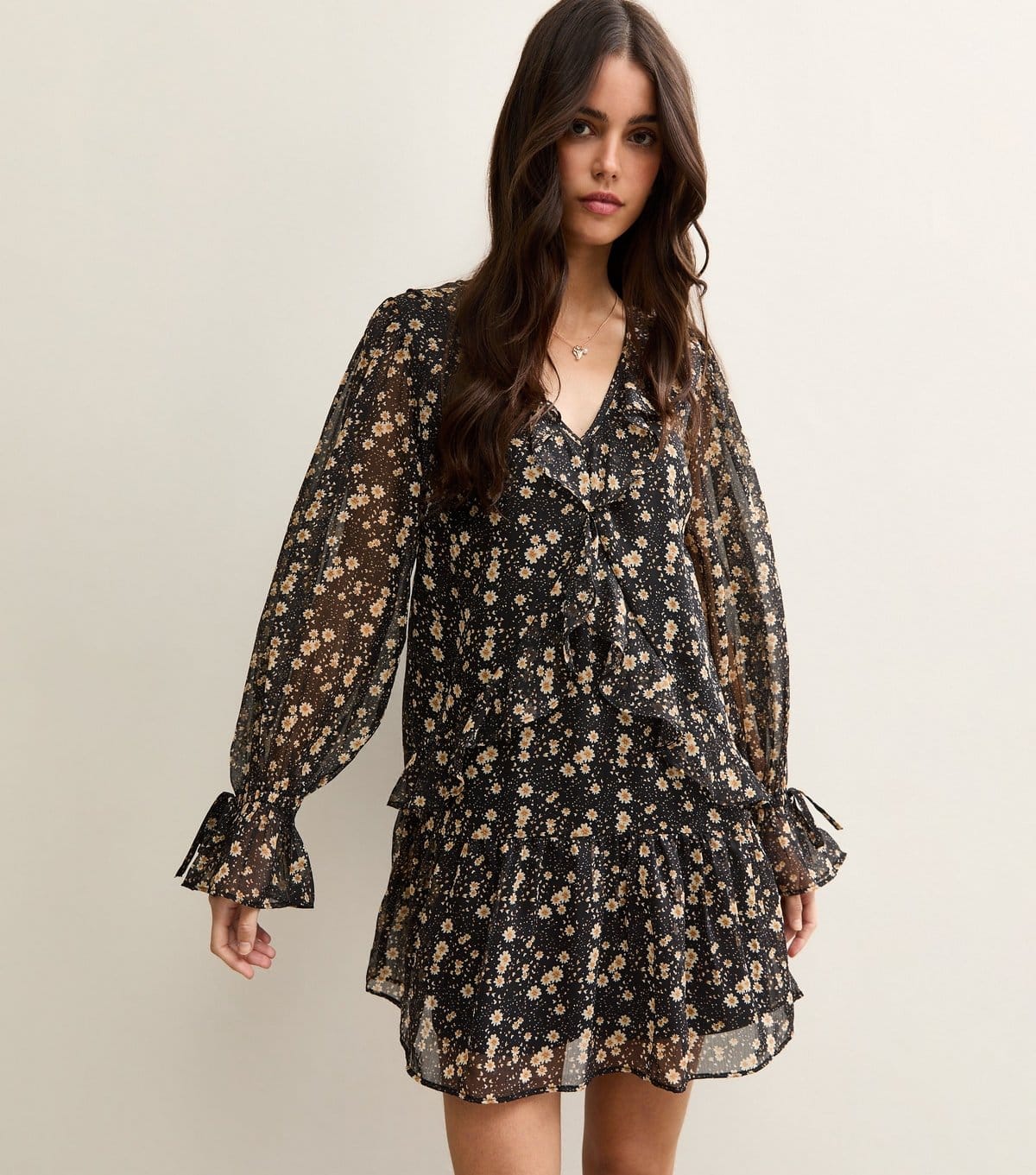 New Look Women's Black Floral Chiffon Frilly Mini Dress New Look - 1