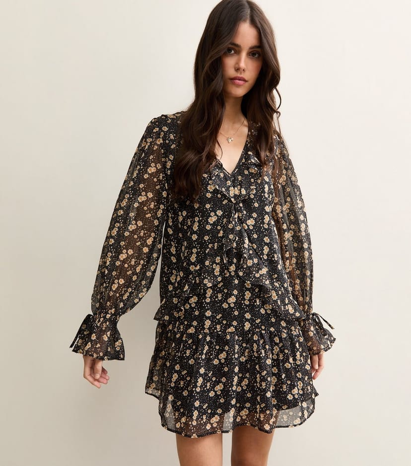 New Look Women's Black Floral Chiffon Frilly Mini Dress New Look - 1