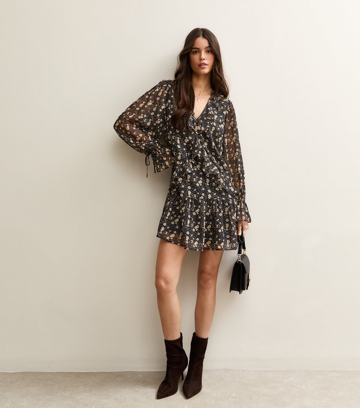 New Look Women's Black Floral Chiffon Frilly Mini Dress New Look - 3