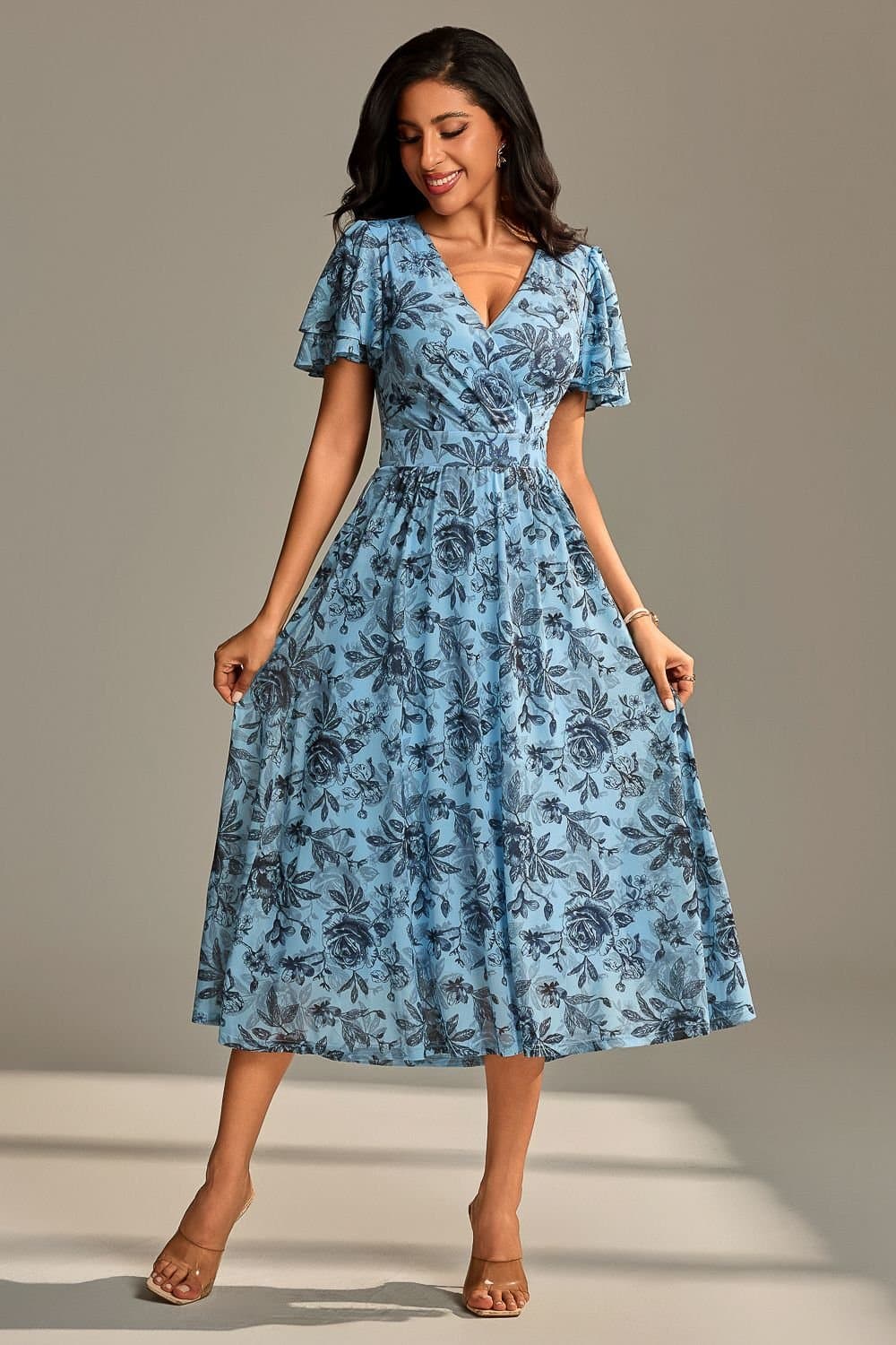 Jolie Moi Jolie Moi Women's Flutter Sleeve Mesh Maxi Dress in Bright Blue