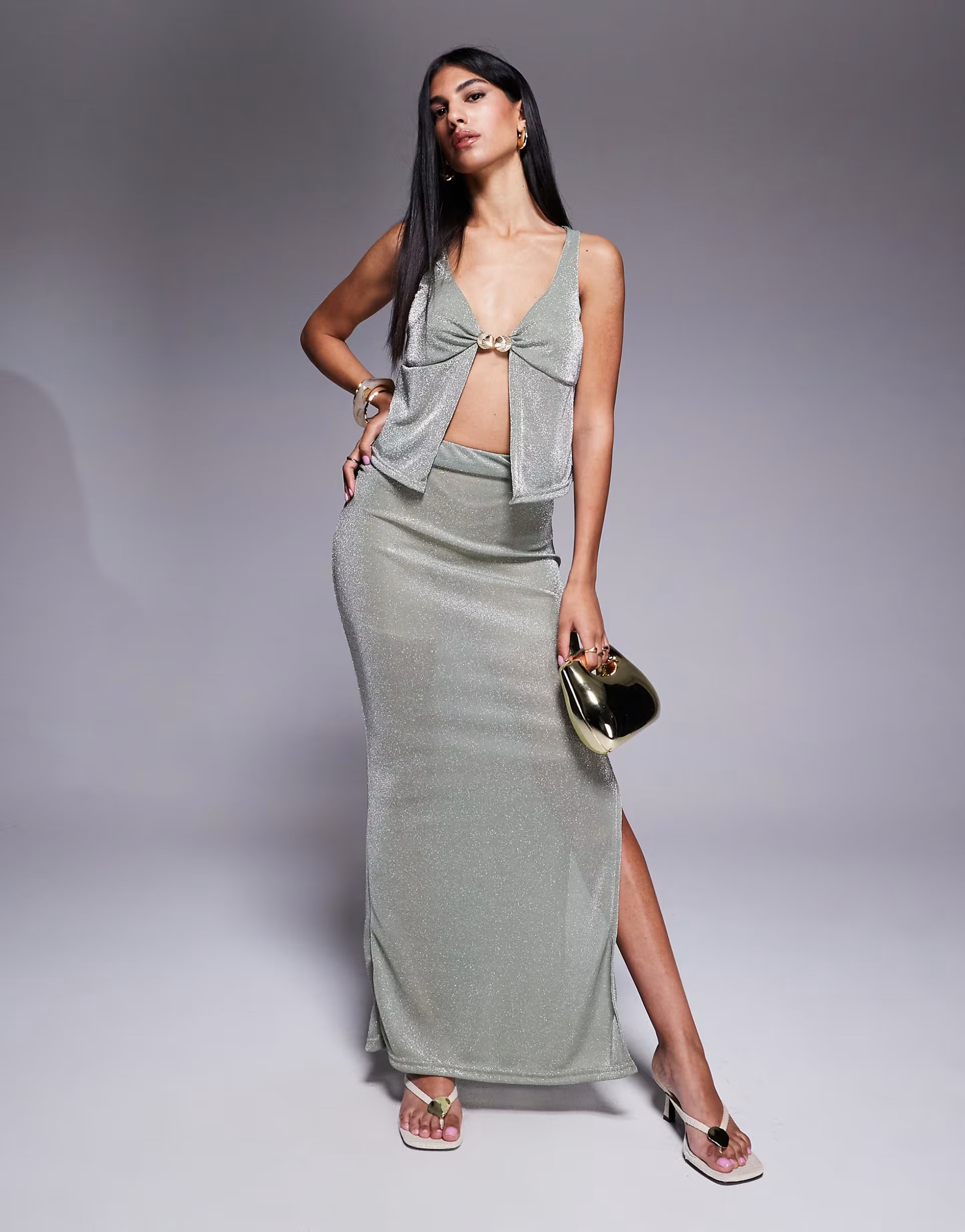 ASOS Missyempire shimmer slinky side split maxi skirt co-ord in khaki - 1