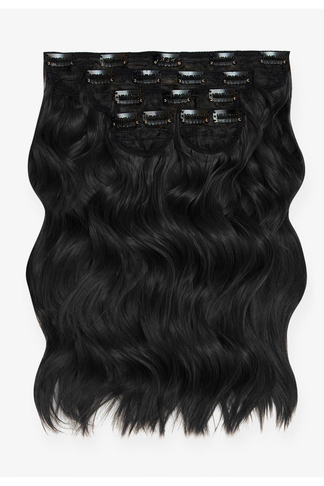 LullaBellz Lullabellz Women's Super Thick 16" 5 Piece Brushed Out Wave Clip In Hair Extensions in Natural Black