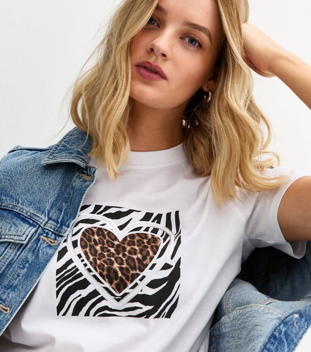 New Look Women's White Animal Heart Print T-Shirt New Look - 2