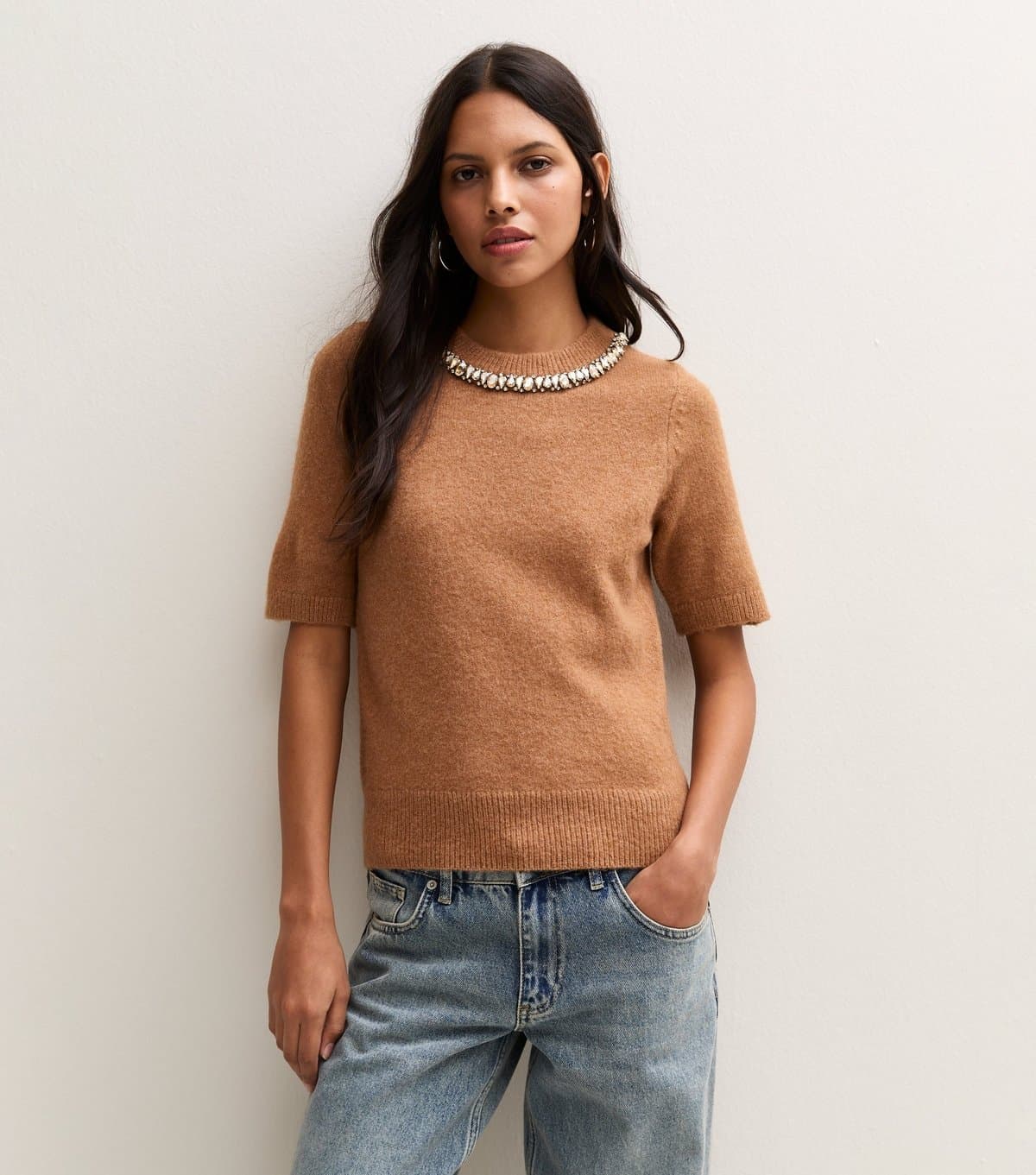 New Look Women's Camel Embellished Necklace Knitted Short Sleeve Top New Look