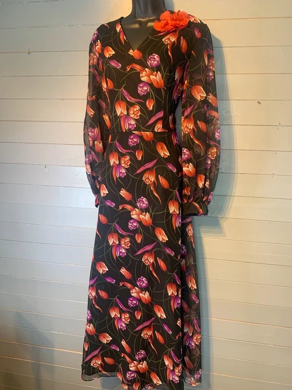 Vintage Dressing Original Vintage 1970s Tulip Print Maxi Dress UK 10 12 Black Floral Wedding Guest Boho - 1