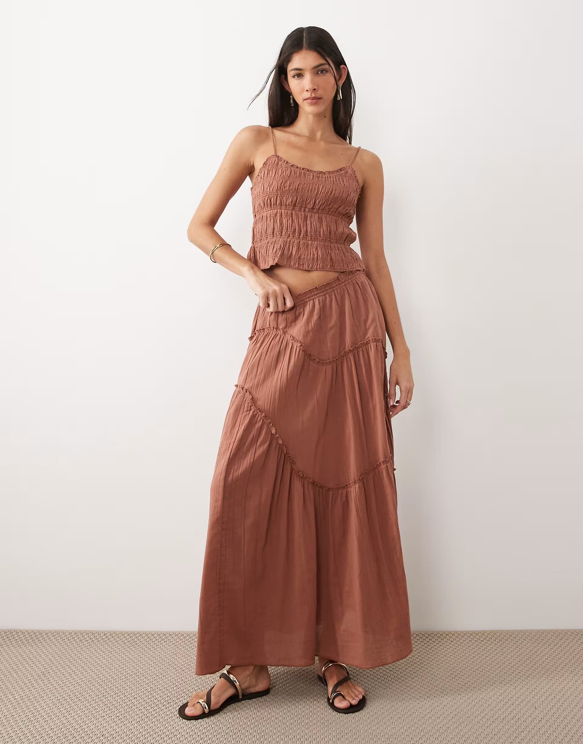 ASOS Iisla & Bird maxi ruffle skirt in mocha brown