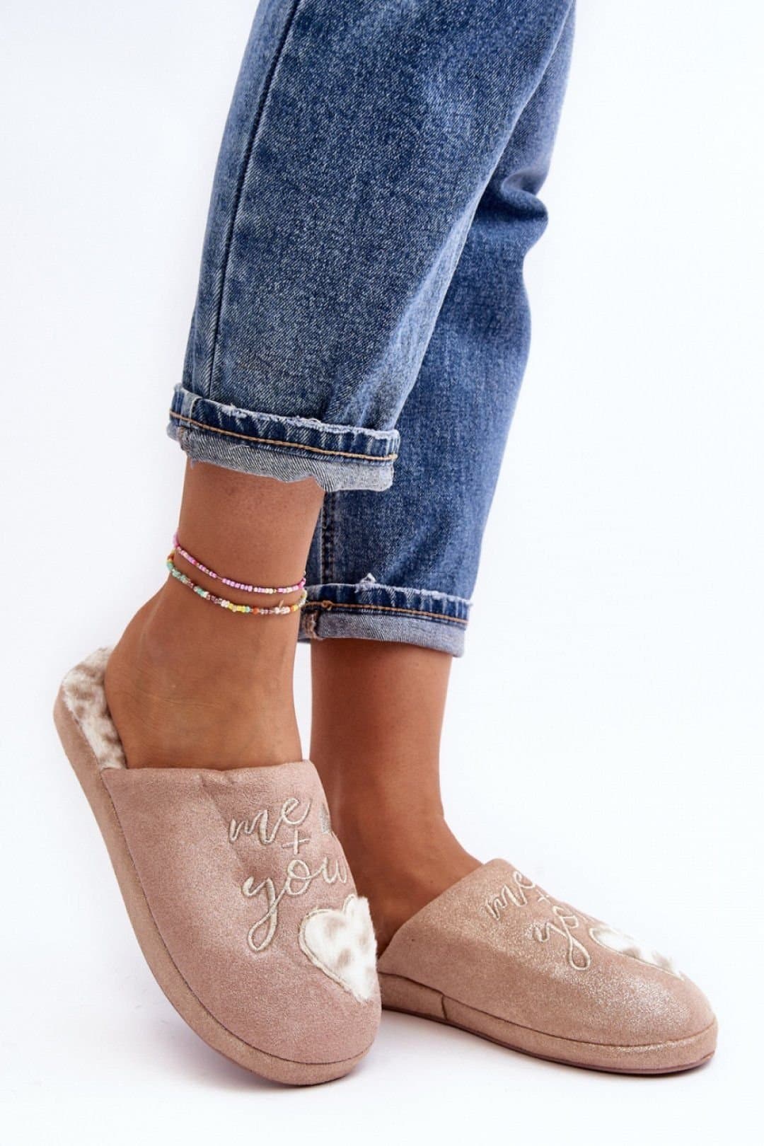 Love Lace Love Lace Pink Fur-Lined Heart Embroidered Slippers